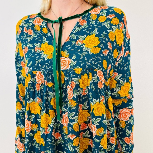 Zara Long Sleeve Floral Boho Flowy Tie Neckline Romper Mini Dress - Picture 4 of 8